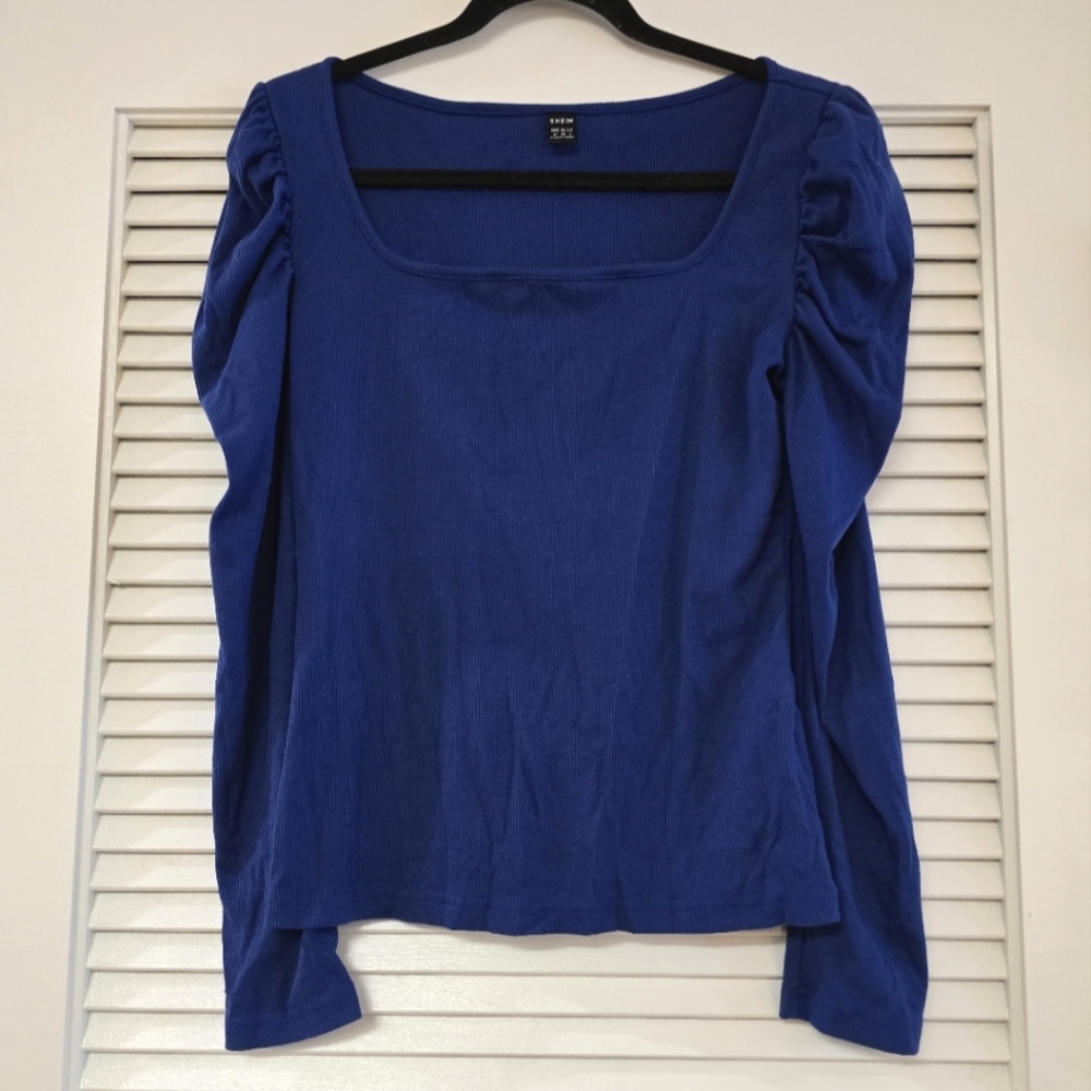 SHEIN - Blue Puff Ribbed Long-Sleeve Square Neckline Top